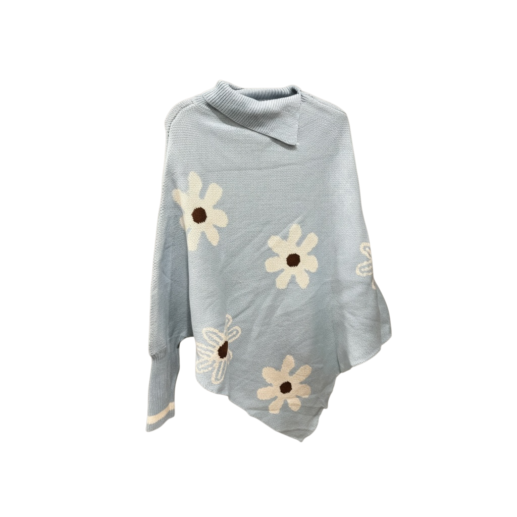 Blue Daisy Knit Oversized Poncho Sweater