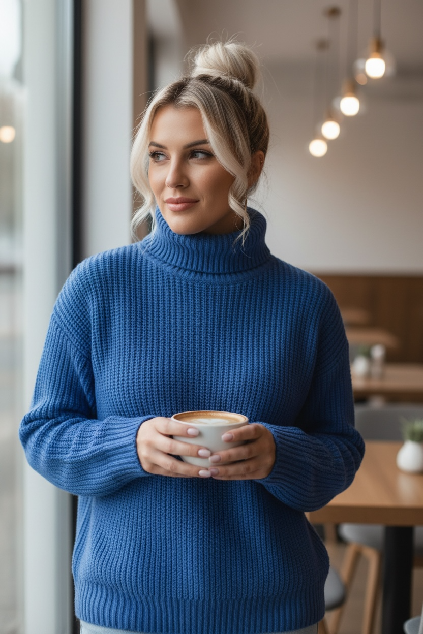 &Me Cobalt Ribbed Turtleneck Knit Sweater