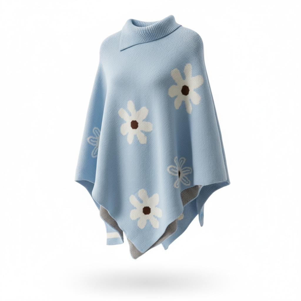 Blue Daisy Knit Oversized Poncho Sweater