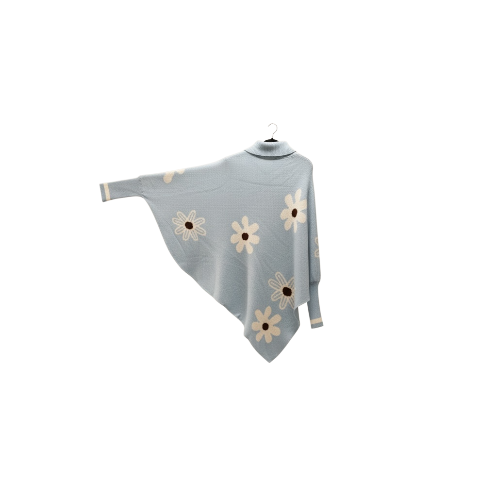 Blue Daisy Knit Oversized Poncho Sweater