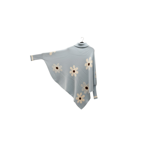 Blue Daisy Knit Oversized Poncho Sweater