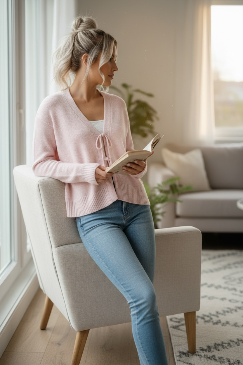 Soft Pink Tie-Front Knit Cardigan